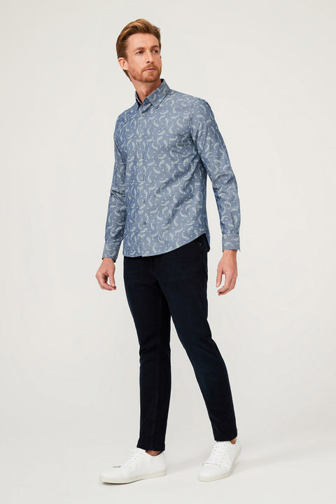 Orta Lacivert Uzun Kol Slim Fit Dar Kesim Desenli Pamuk Gömlek