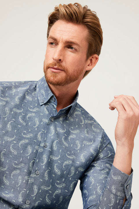 Orta Lacivert Uzun Kol Slim Fit Dar Kesim Desenli Pamuk Gömlek