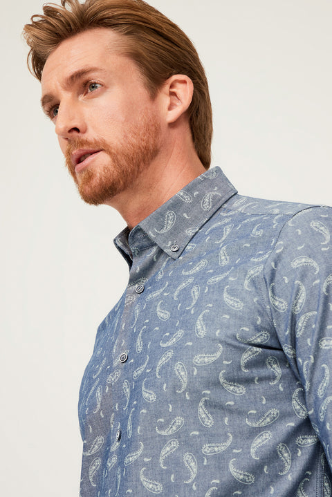 Orta Lacivert Uzun Kol Slim Fit Dar Kesim Desenli Pamuk Gömlek