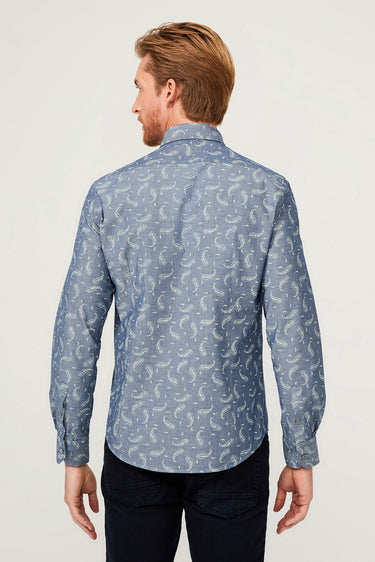 Orta Lacivert Uzun Kol Slim Fit Dar Kesim Desenli Pamuk Gömlek