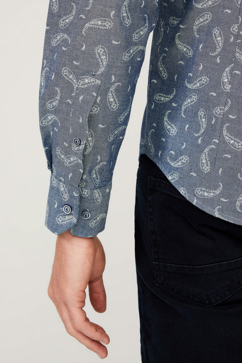 Orta Lacivert Uzun Kol Slim Fit Dar Kesim Desenli Pamuk Gömlek