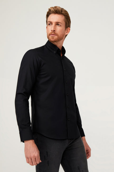 Siyah Uzun Kol Slim Fit Dar Kesim Pamuk Gömlek