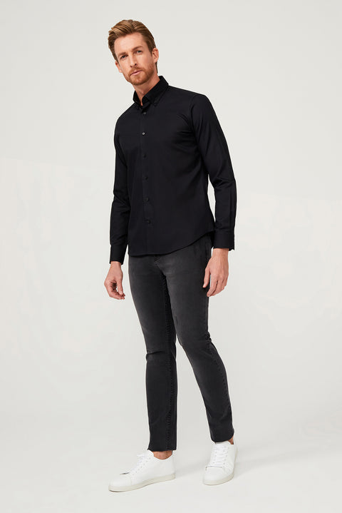 Siyah Uzun Kol Slim Fit Dar Kesim Pamuk Gömlek
