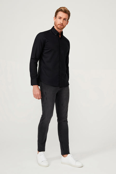 Black Long Sleeve Slim Fit Narrow Cut Cotton Shirt