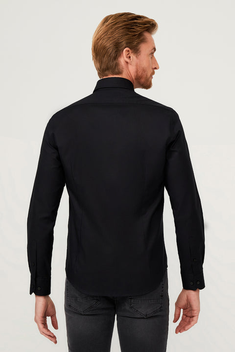 Black Long Sleeve Slim Fit Narrow Cut Cotton Shirt