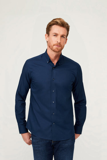 Orta Lacivert Uzun Kol Slim Fit Dar Kesim Pamuk Gömlek