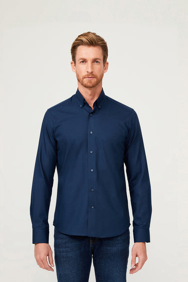  Orta Lacivert Uzun Kol Slim Fit Dar Kesim Pamuk Gömlek