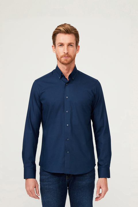 Orta Lacivert Uzun Kol Slim Fit Dar Kesim Pamuk Gömlek