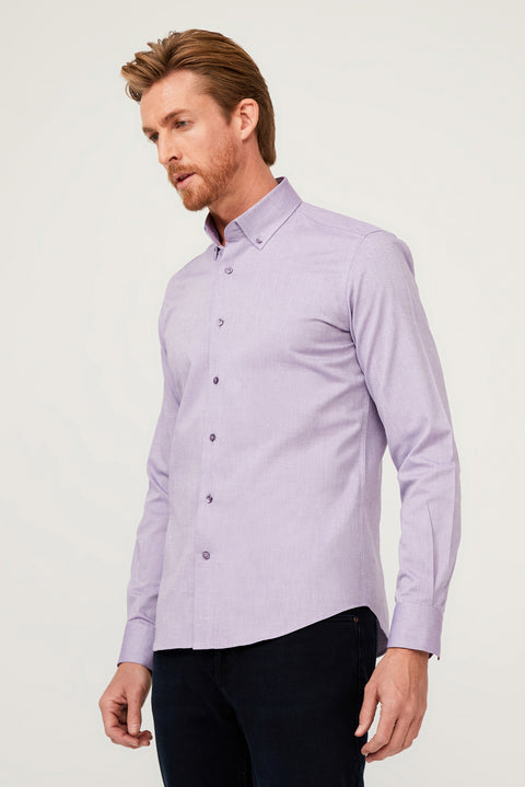 Lila Uzun Kol Slim Fit Dar Kesim Pamuk Gömlek