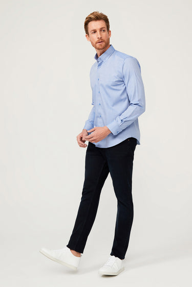 Saks Mavi Uzun Kol Slim Fit Dar Kesim Pamuk Gömlek