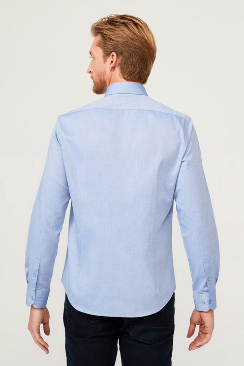Saks Mavi Uzun Kol Slim Fit Dar Kesim Pamuk Gömlek