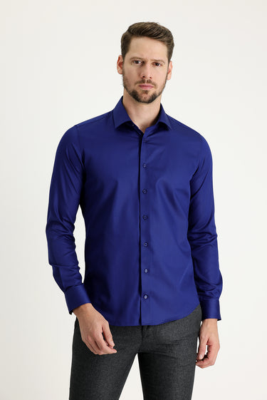 Orta Lacivert Uzun Kol Slim Fit Dar Kesim Non Iron Saten Pamuklu Gömlek