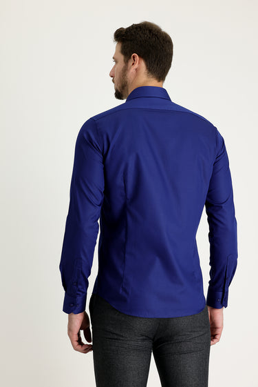 Orta Lacivert Uzun Kol Slim Fit Dar Kesim Non Iron Saten Pamuklu Gömlek