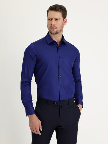 Orta Lacivert Uzun Kol Slim Fit Dar Kesim Non Iron Saten Pamuklu Gömlek