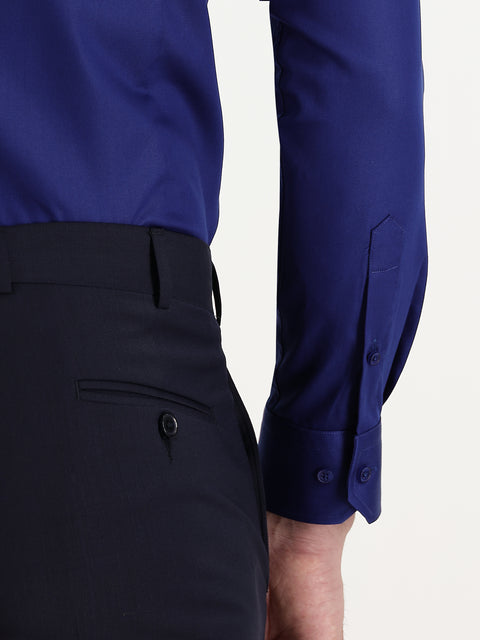 Orta Lacivert Uzun Kol Slim Fit Dar Kesim Non Iron Saten Pamuklu Gömlek