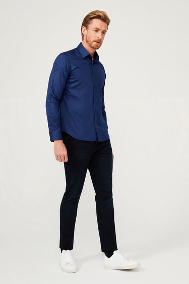 Orta Lacivert Uzun Kol Slim Fit Dar Kesim Non Iron Saten Pamuklu Gömlek