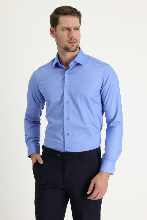 Koyu Mavi  Uzun Kol Non Iron Slim Fit Dar Kesim Pamuklu Gömlek