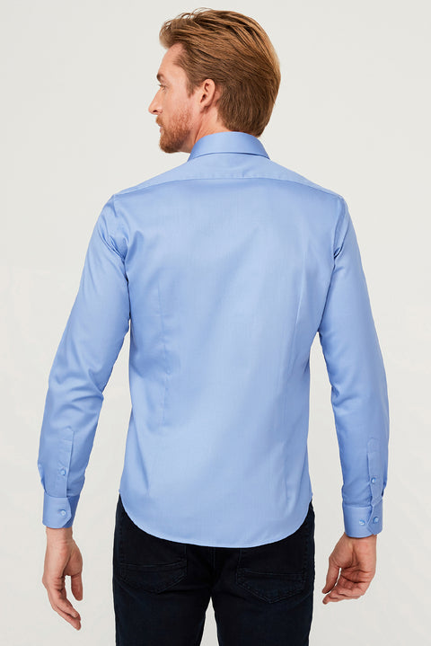 Koyu Mavi  Uzun Kol Non Iron Slim Fit Dar Kesim Pamuklu Gömlek