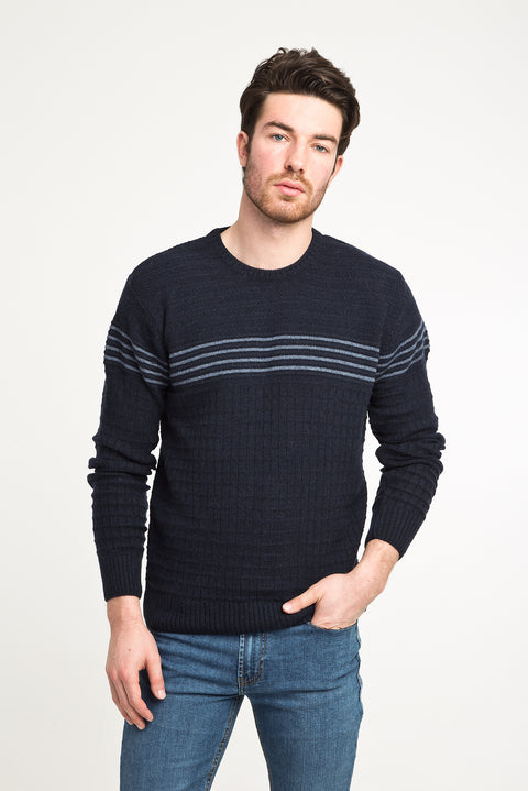 Orta Lacivert Bisiklet Yaka Yünlü Slim Fit Dar Kesim Triko Kazak