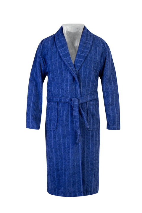 Orta Lacivert Şal Yaka Jakarlı Pamuk Bornoz