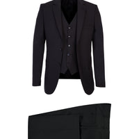 Siyah Slim Fit Dar Kesim Yelekli Takım Elbise