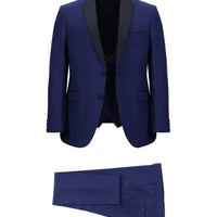 Orta Lacivert 7 Drop Slim Fit Dar Kesim Yünlü Mono Yaka Yelekli Smokin & Damatlık
