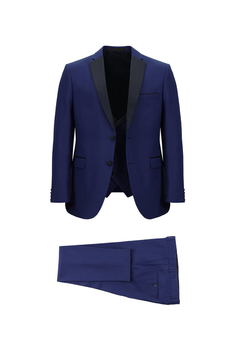 Orta Lacivert 7 Drop Slim Fit Dar Kesim Yünlü Mono Yaka Yelekli Smokin & Damatlık