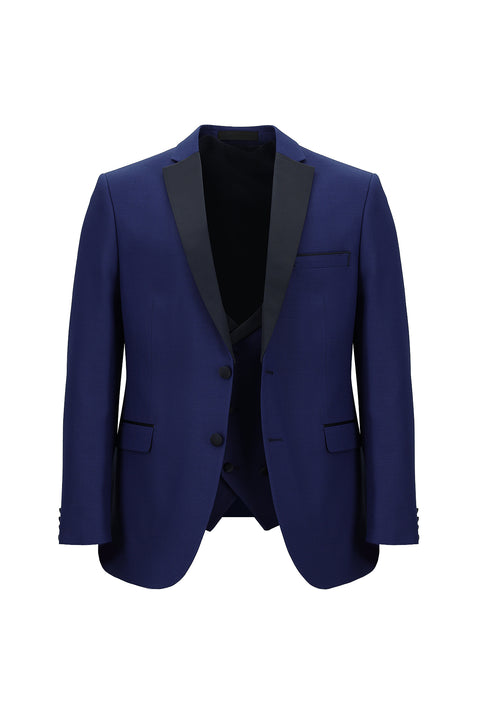 Orta Lacivert 7 Drop Slim Fit Dar Kesim Yünlü Mono Yaka Yelekli Smokin & Damatlık