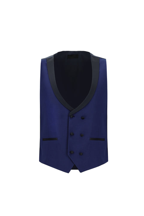 Orta Lacivert 7 Drop Slim Fit Dar Kesim Yünlü Mono Yaka Yelekli Smokin & Damatlık
