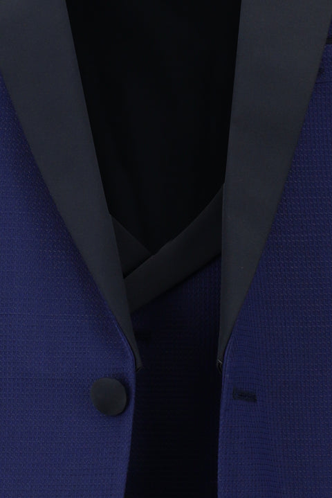 Orta Lacivert 7 Drop Slim Fit Dar Kesim Yünlü Mono Yaka Yelekli Smokin & Damatlık