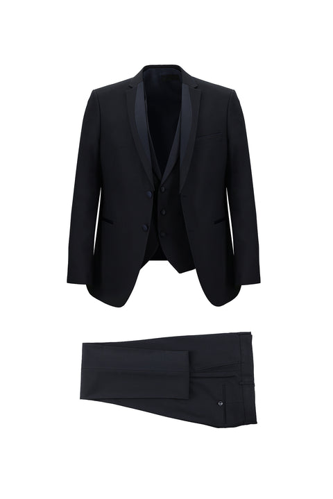 Koyu Lacivert 7 Drop Slim Fit Dar Kesim Mono Yaka Yelekli Smokin & Damatlık