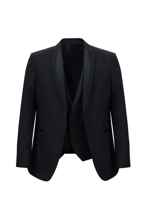 Koyu Lacivert 7 Drop Slim Fit Dar Kesim Mono Yaka Yelekli Smokin & Damatlık