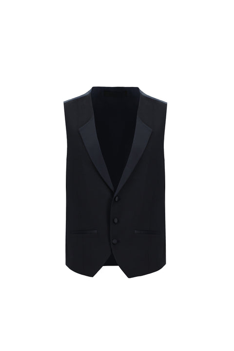 Koyu Lacivert 7 Drop Slim Fit Dar Kesim Mono Yaka Yelekli Smokin & Damatlık