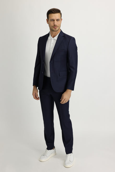 Orta Lacivert 7 Drop Slim Fit Dar Kesim Desenli Takım Elbise
