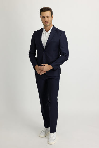 Orta Lacivert Slim Fit Dar Kesim Desenli Takım Elbise