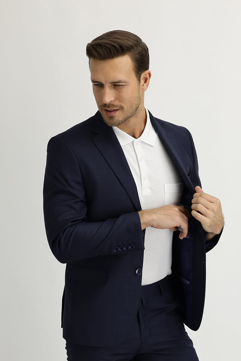 Orta Lacivert 7 Drop Slim Fit Dar Kesim Desenli Takım Elbise