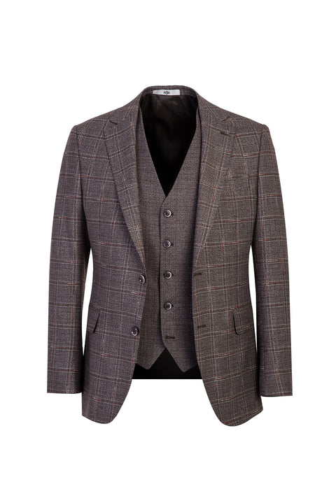 Orta Kahve 6 Drop Regular Fit Standart Kesim Antibakteriyel Kombinli Kareli Takım Elbise