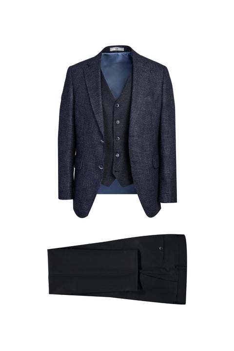 Koyu Lacivert 7 Drop Slim Fit Dar Kesim Yelekli Kombinli Keten Takım Elbise