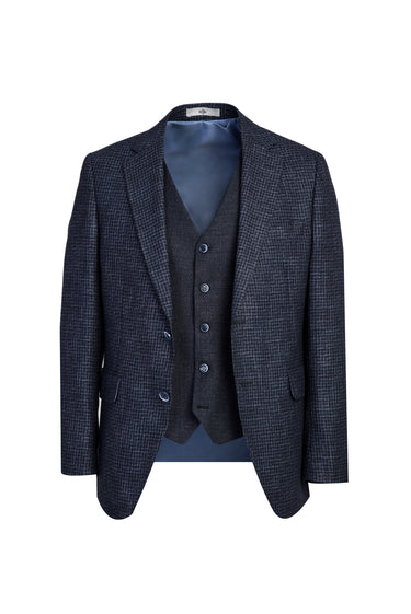 Koyu Lacivert Slim Fit Dar Kesim Yelekli Kombinli Keten Takım Elbise