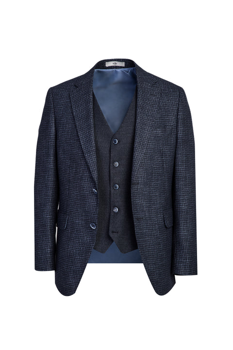 Koyu Lacivert 7 Drop Slim Fit Dar Kesim Yelekli Kombinli Keten Takım Elbise