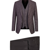 Koyu Kahve Slim Fit Dar Kesim Yelekli Kombinli Keten Takım Elbise