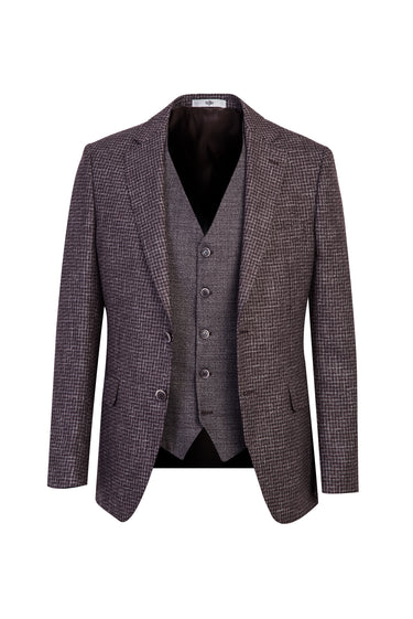 Koyu Kahve Slim Fit Dar Kesim Yelekli Kombinli Keten Takım Elbise