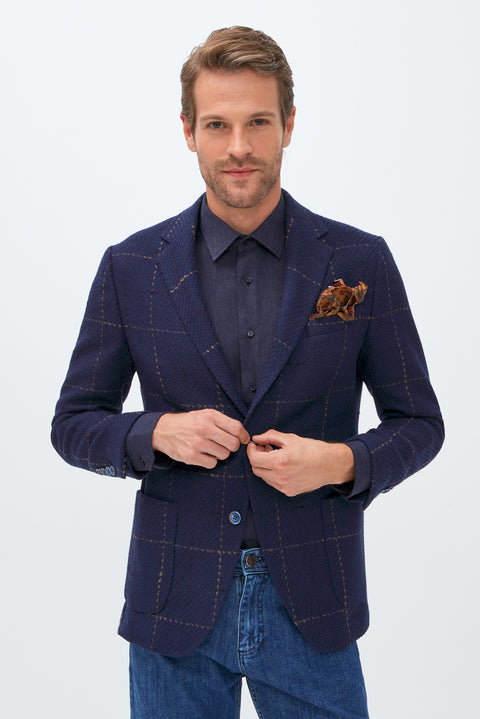 Koyu Lacivert 4 Drop Relaxed Fit Rahat Kesim Yünlü Desenli Ceket