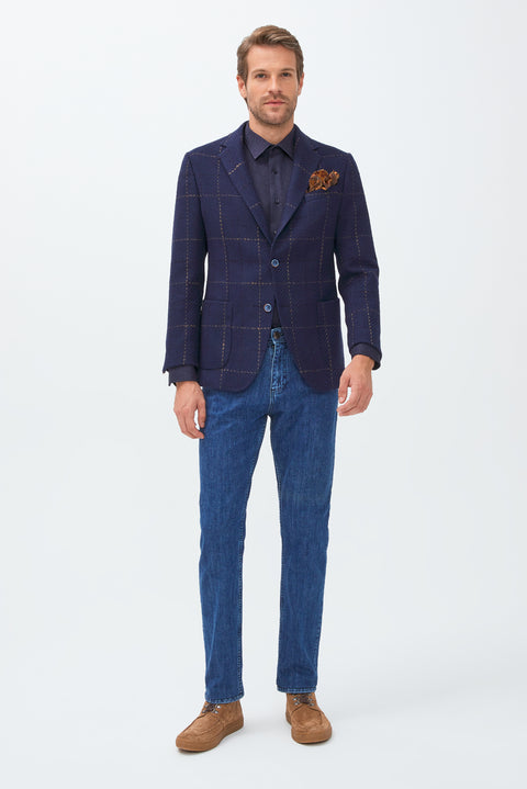 Koyu Lacivert 6 Drop Regular Fit Standart Kesim Yünlü Desenli Ceket