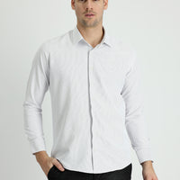 Açık Gri Uzun Kol Slim Fit Dar Kesim Çizgili Pamuklu Gömlek