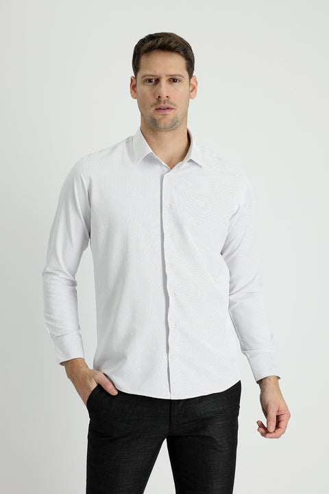 Açık Gri Uzun Kol Slim Fit Dar Kesim Çizgili Pamuklu Gömlek