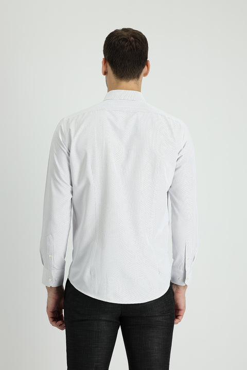 Açık Gri Uzun Kol Slim Fit Dar Kesim Çizgili Pamuklu Gömlek