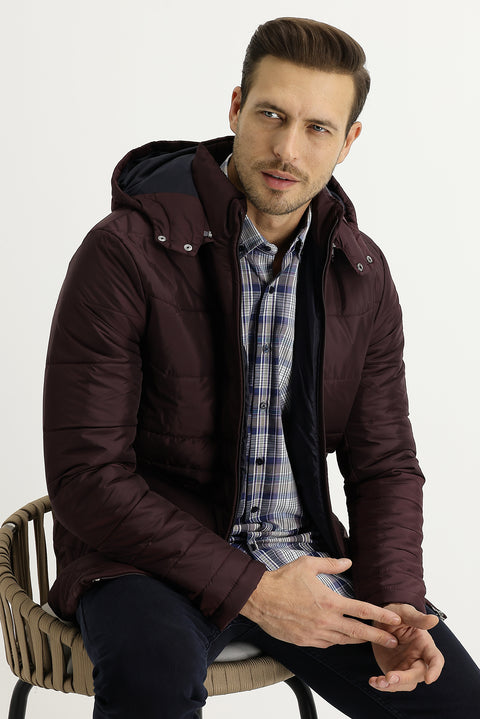 Şarap Bordo Kapüşonlu Spor Mont