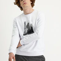 Beyaz Bisiklet Yaka Baskılı Pamuklu Sweatshirt