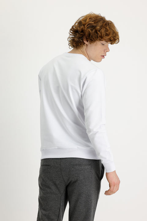 Beyaz Bisiklet Yaka Baskılı Pamuklu Sweatshirt